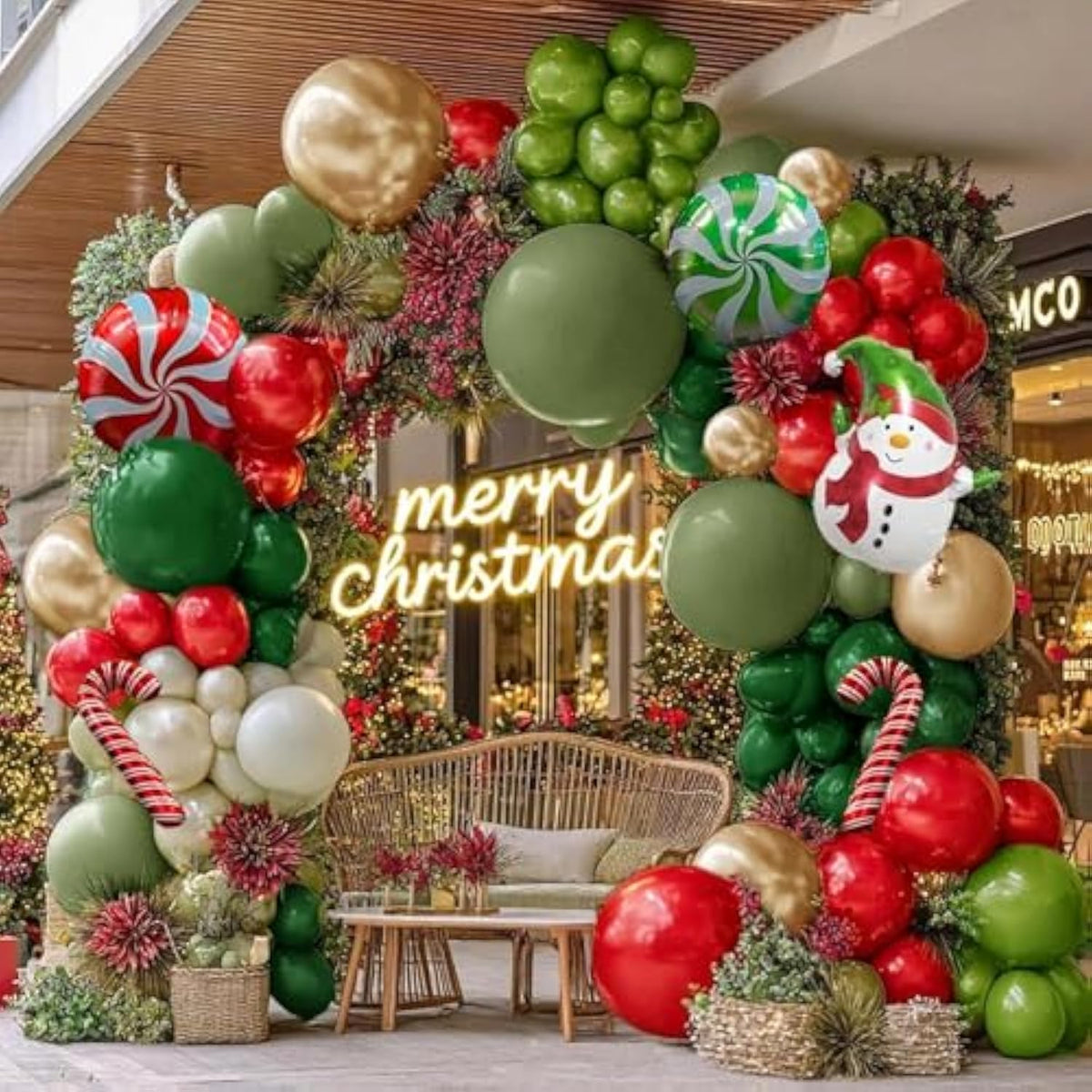 Christmas Balloon Garland Double Stuffed Sage Olive Green Red Gold Pearl White Sand Balloon Arch Kit Cane Santa Claus Balloons For Birthday New Year Xmas Christmas Eve Party Decorations