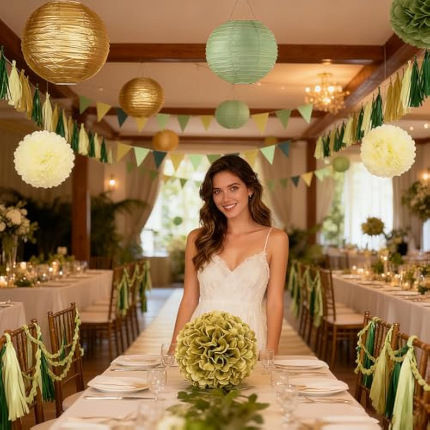Sage Green Paper Fan Lantern Set Boho Party Decorations With Tissue Pom Poms Balls For Birthday Bridal Shower Wedding Decor (Green Set C)