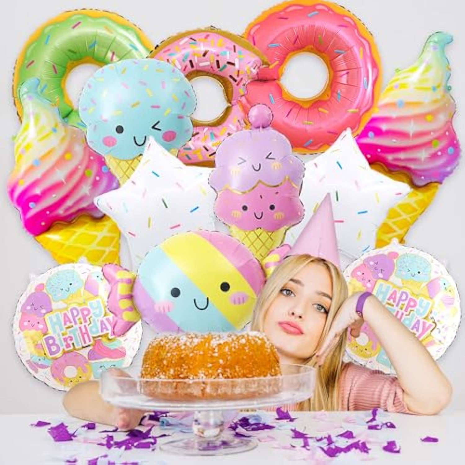 12 Pcs Large Donut Candy Ice Cream Theme Balloons, Ice Cream Party Decorations, Foil Mylar Balloons For Summer, Hawaii, Birthday, Baby Shower Party Supplies