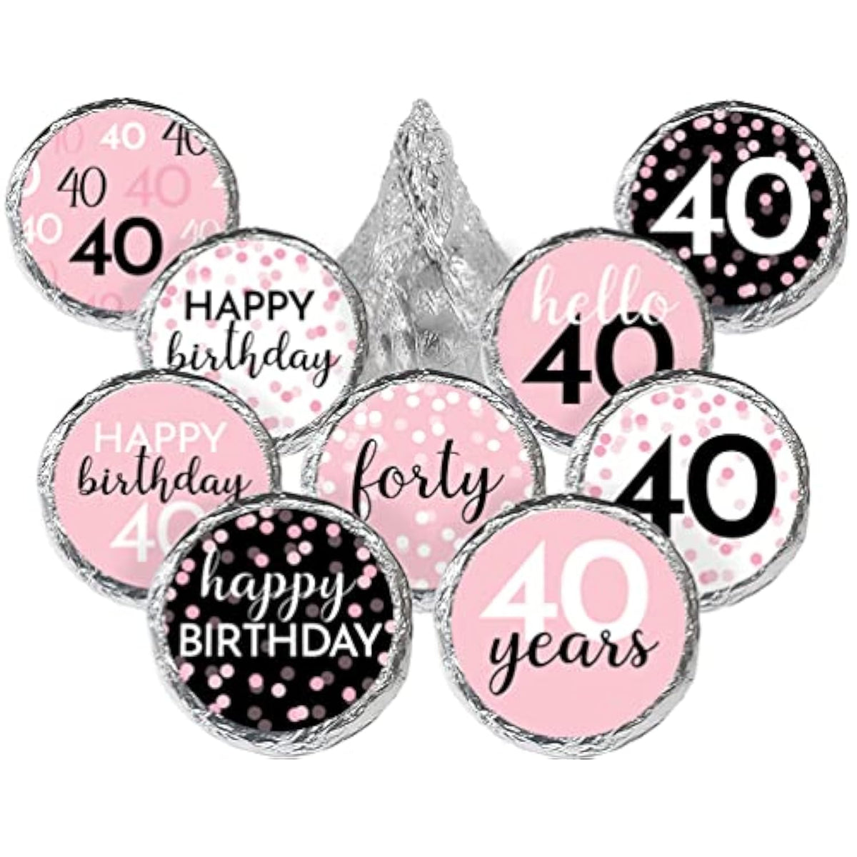 Pink, Black, And White 40Th Birthday Party Favor Chocolate Kisses Candy Stickers, Pink Birthday Decorations For Women - 180 Count