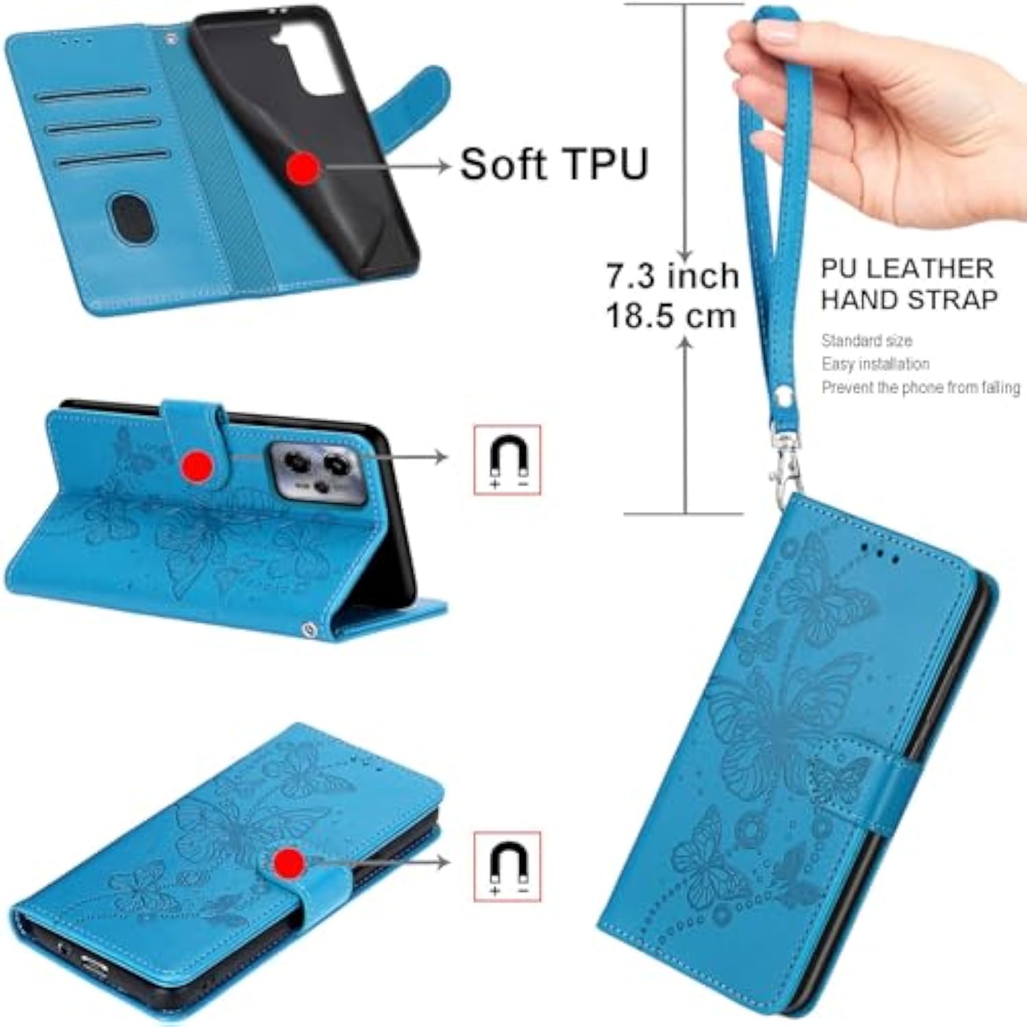 Designed For Iphone 16 Pro Case Wallet,Women Flip Folio Cover With Embossed Pu Leather Stand Credit Card Holders Slots Wrist Strap Phone Case For Iphone 16 Pro 6.3 Inch (Blue Butterfly)