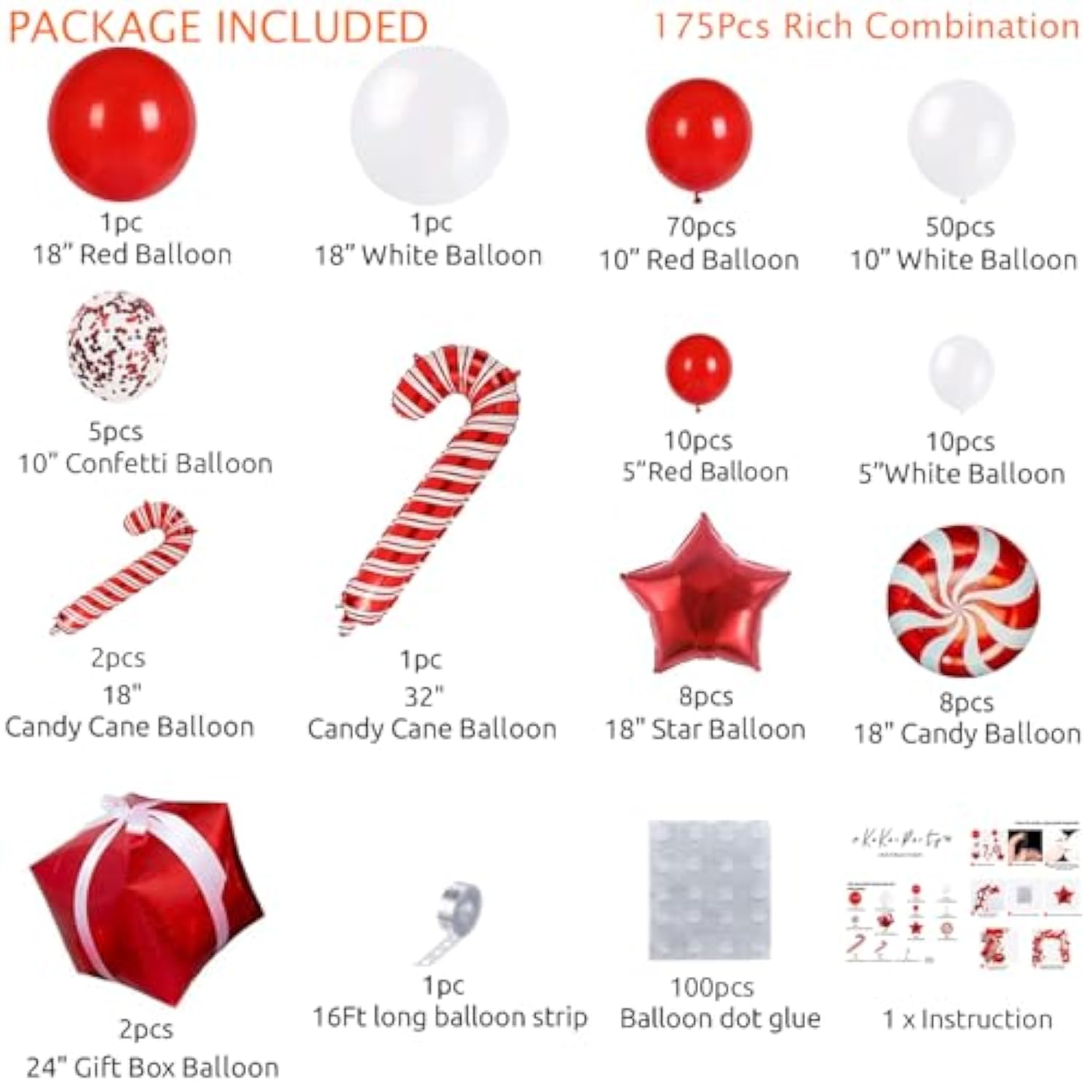 175Pcs Christmas Balloon Arch Kit - Includes Red, White, Candy Cane & Confetti Balloons, Tools Kit For Christmas Party Decorations