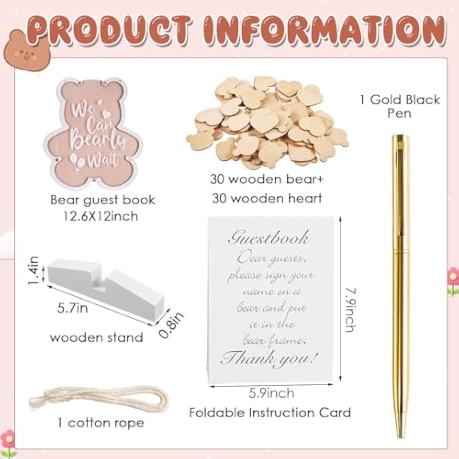 We Can Bearly Wait Acrylic Baby Shower Guest Book Alternatives Decorations With Wooden Hearts For 60 Guests Baby Shower Sign Picture Frame Pregnancy Keepsake Edition For Soon To Be Mom (Brown)