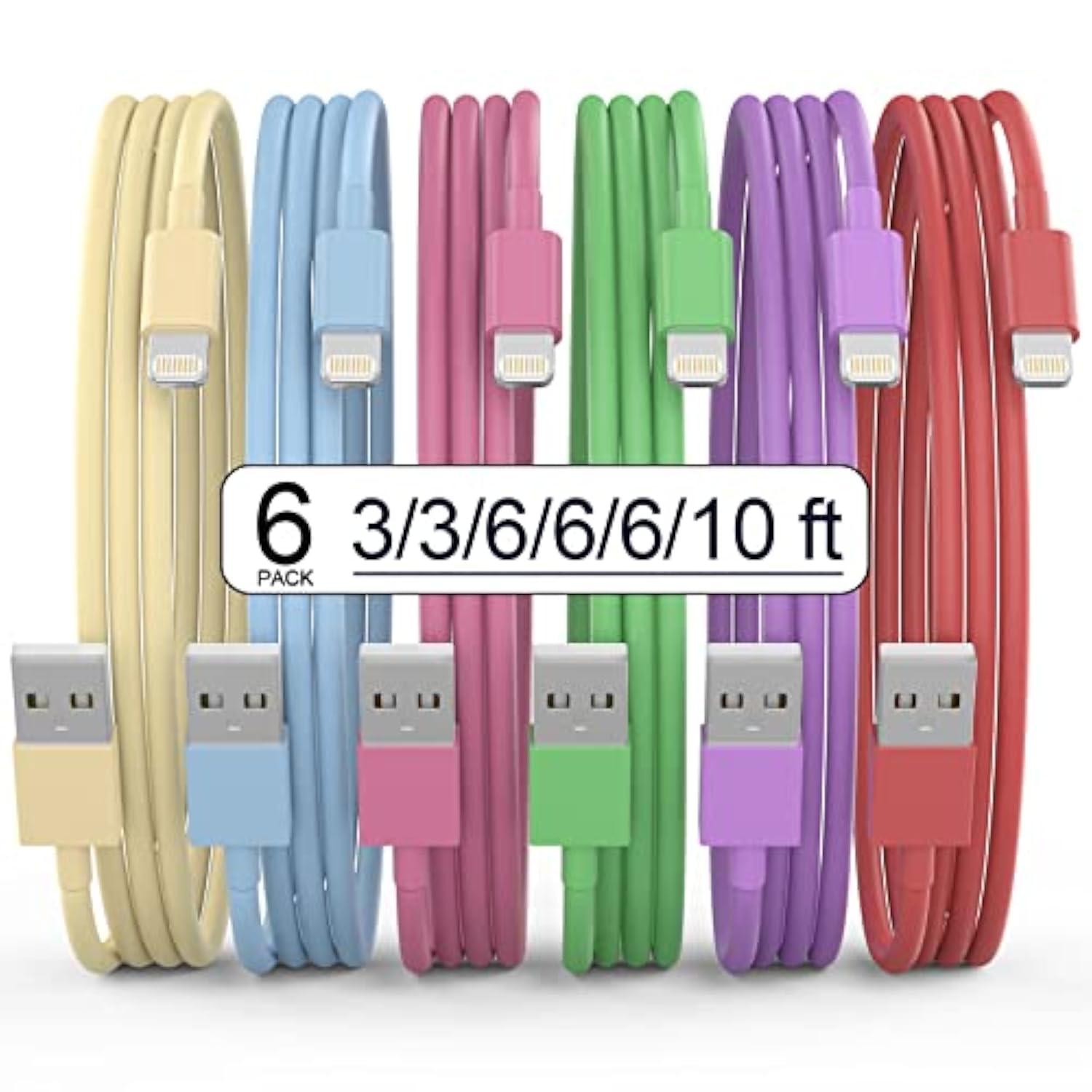 [Apple Mfi Certified] Iphone Charger, 6Pack(3/3/6/6/6/10 Ft) Lightning Cable Apple Charging Fast High Speed Usb Compatible 14/13/12/11 Pro Max/Xs Max/Xr/Xs/X/8-Multicolor