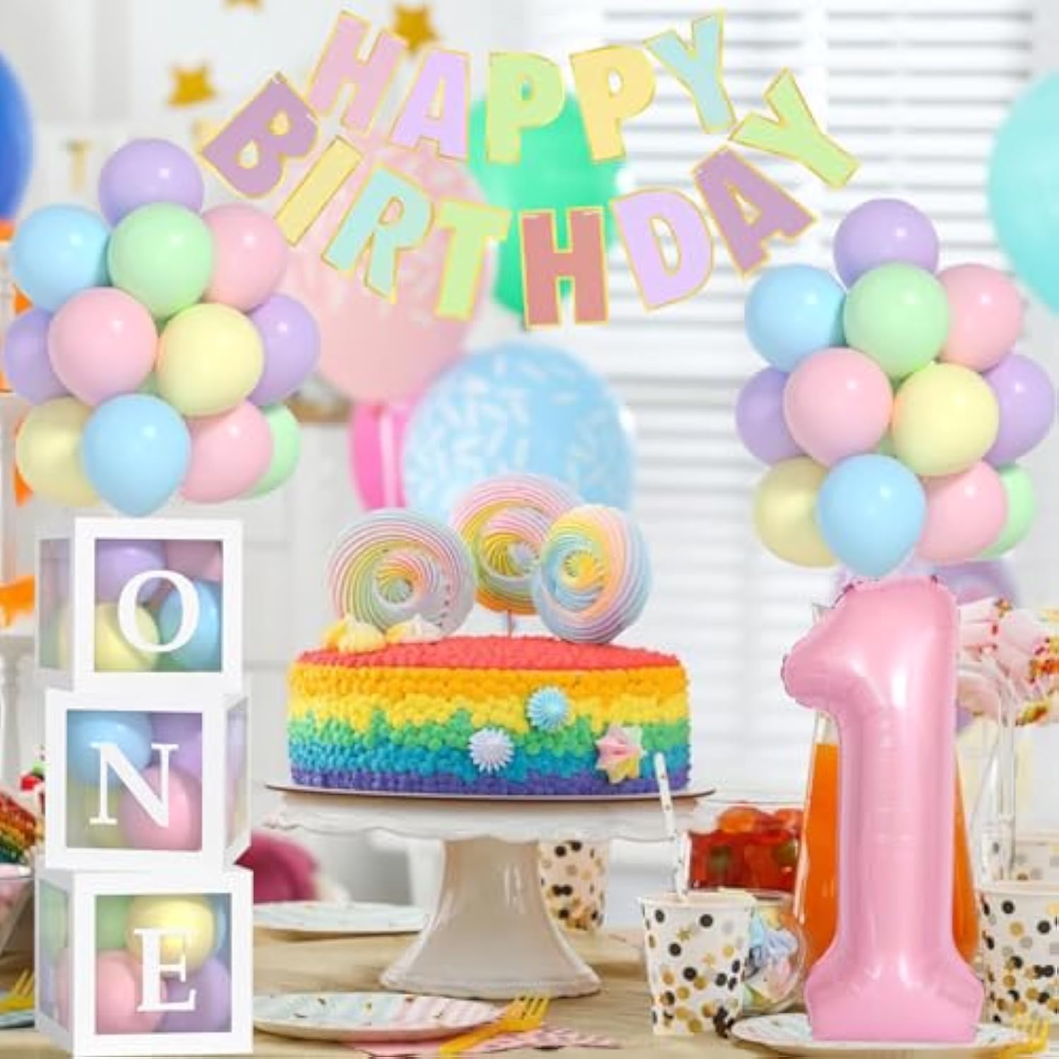 Girl First Birthday Decor with 40" Pink Number 1, Pastel Banner and Balloon Boxes