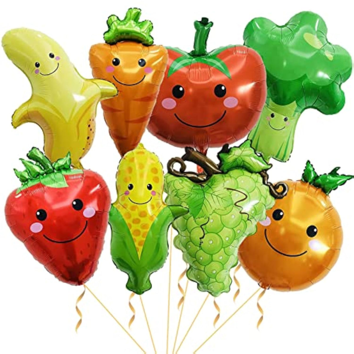 8 Pack Gaint Furit Vegetable Foil Balloons Cute Helium Mylar Strawberry Grape Banana Orange Corn Carrot Tomato Broccoli Balloons For Theme Birthday Party Decorations Supplies