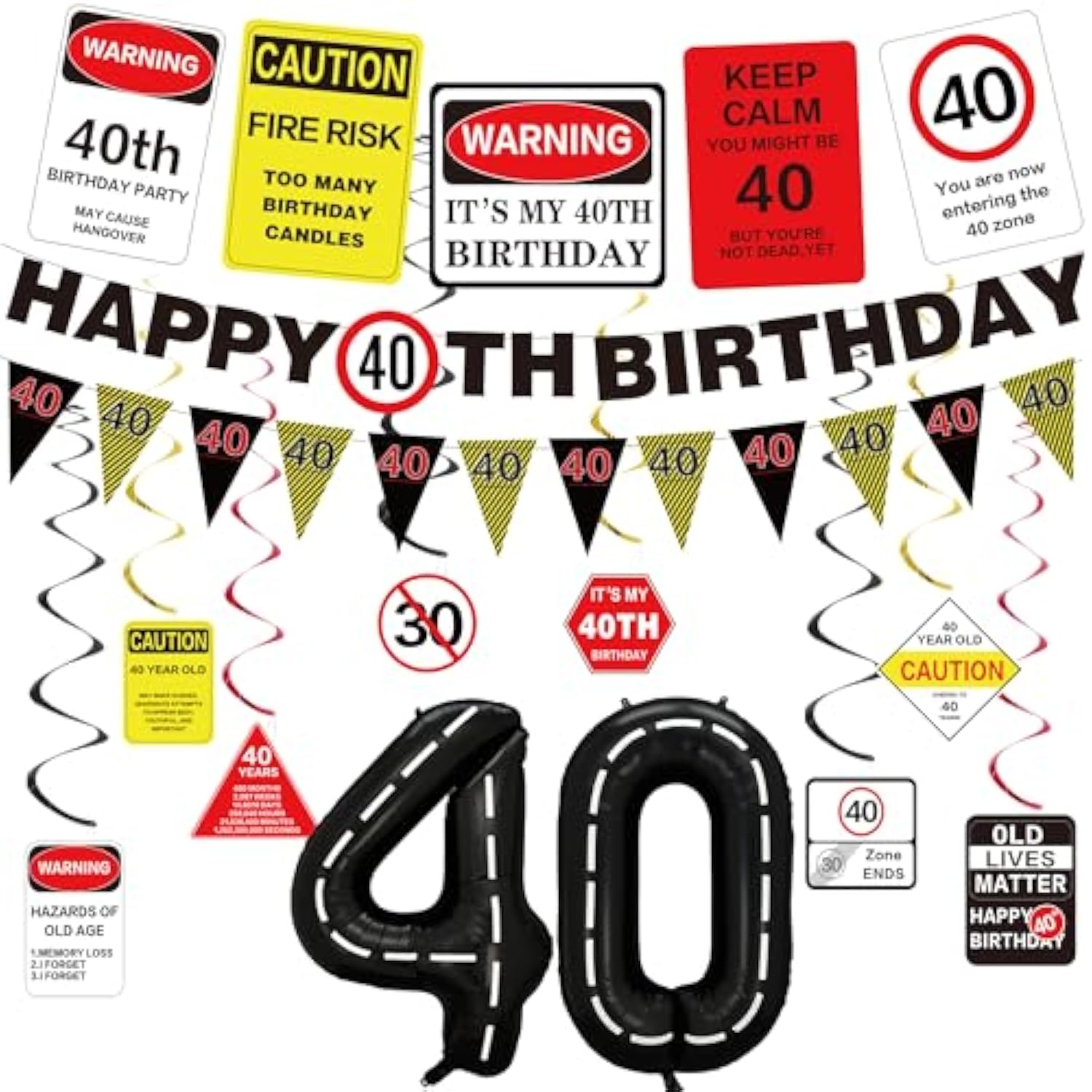 40Th Birthday Party Decorations Men Women, Caution Logos Happy 40Th Birthday Banner Balloons Hanging Swirls Kit, Funny 40 Years Old Wall Signs For Adults, Black Red 40 Zone Backdrop Decor