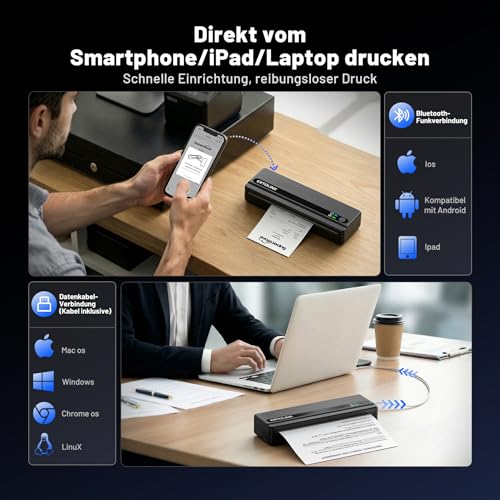 Portable Wireless Printer For Travel On-The-Go, Inkless Thermal Printer 2600Mah, Supports 8.5"X11" Letter & A4 Paper, Bluetooth For Iphone Android Laptop, Perfect For Truckers, Students, Remote Work