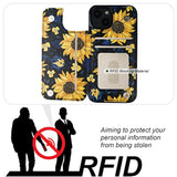 Wallet Case Card Holder for iPhone 13 Mini, Blooming Sunflowers - 3 Card Slots, Stand Function, Protective Cover