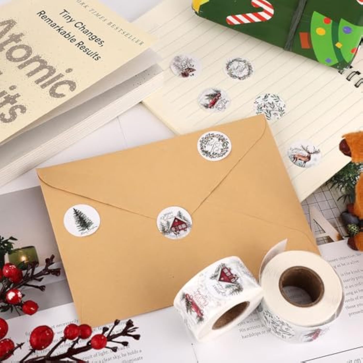 2 Rolls Christmas Stickers For Cards, 0.98In Round Merry Christmas Seals 8 Patterns Christmas Tree Elk Wreath Truck Pine Cone Christmas Label Stickers For Water Bottle Envelopes Gift Crafts