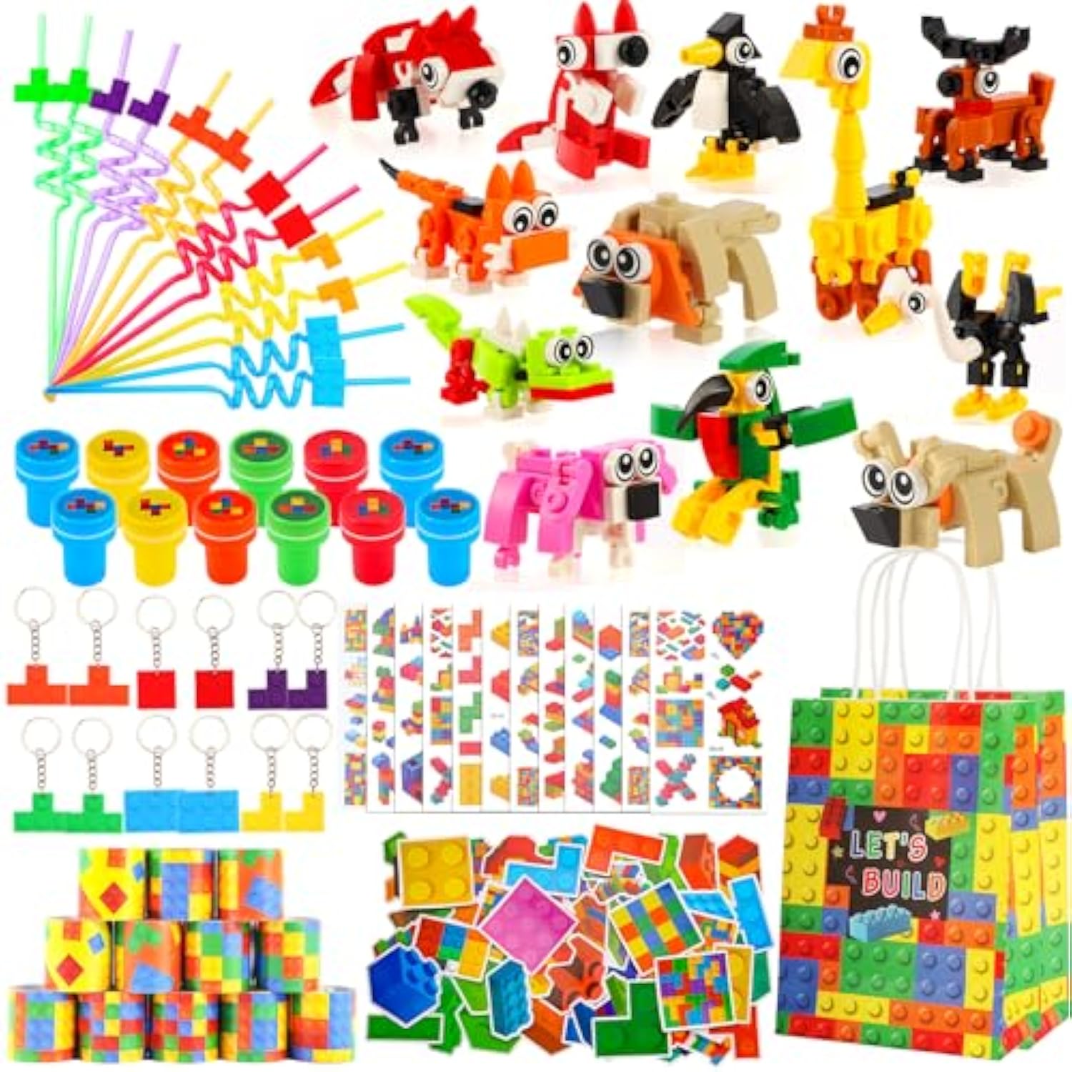 134 Pcs Building Blocks Party Favors With Reusable Drinking Straws Animal Building Blocks Slap Bracelets Keychains Stamps Stickers And Gift Bags For Kids Gamer Birthday Party Supplies (Building)