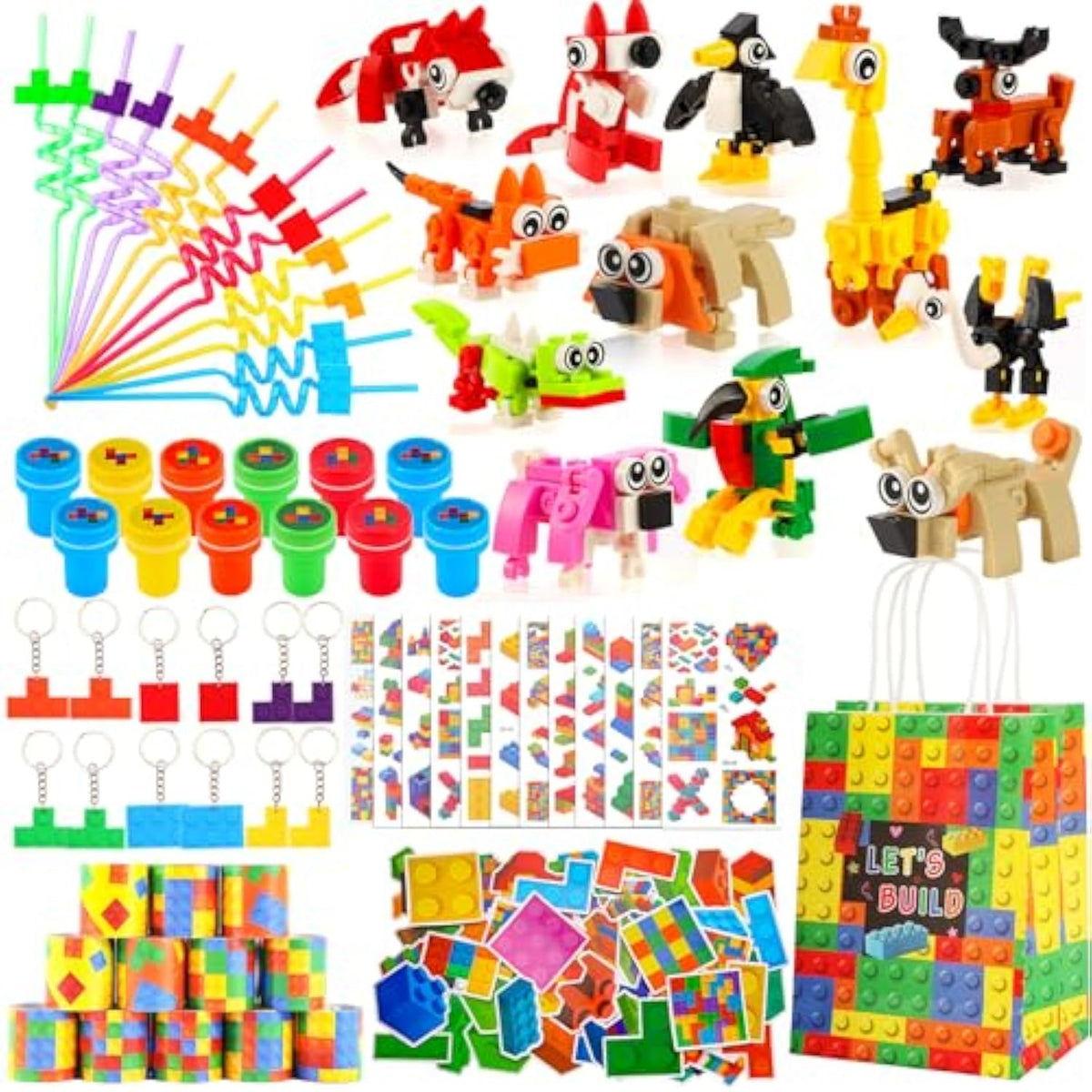 134 Pcs Building Blocks Party Favors With Reusable Drinking Straws Animal Building Blocks Slap Bracelets Keychains Stamps Stickers And Gift Bags For Kids Gamer Birthday Party Supplies (Building)