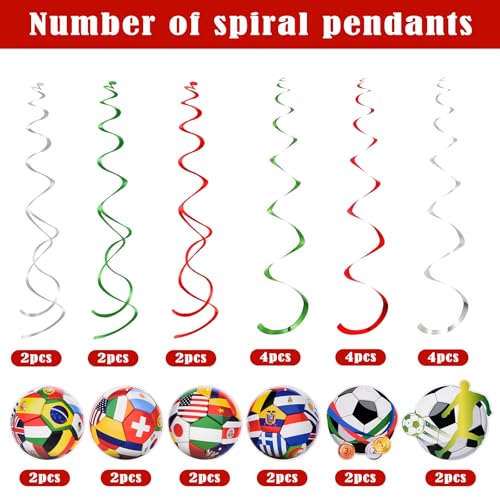 18 Pcs World Cup Decorations 2026 Hanging Swirls, soccer theme party decorations Hanging Ceiling Spirals for World Cup Home Birthday Party (12Pcs Soccer Flag Hanging Swirls and 6pcs Hanging Swirls)