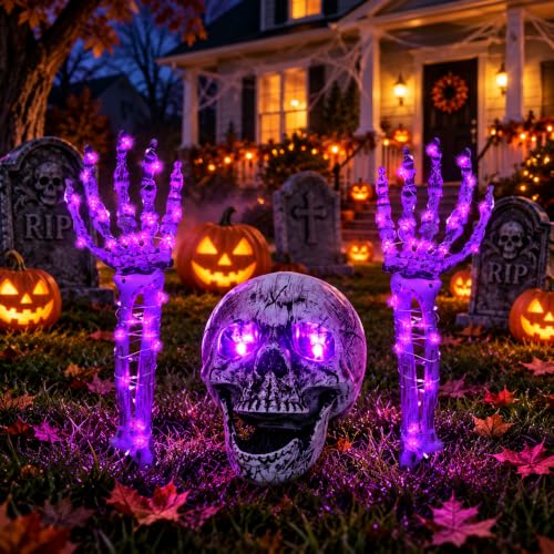 Halloween Skeleton Decorations Outdoor, Light Up Skull Head & Skeleton Hands Lights Stake with Purple LED, Battery Operated Halloween Yard Decor for Lawn, Garden, Graveyard, Haunted House & Party