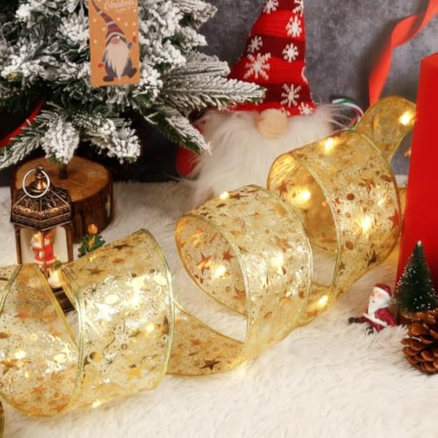 2 Pack Gold Christmas Tree Decorations, Total 40Ft 120 Led Christmas Tree Ribbon Lights Battery Powered Ribbon Bows Copp