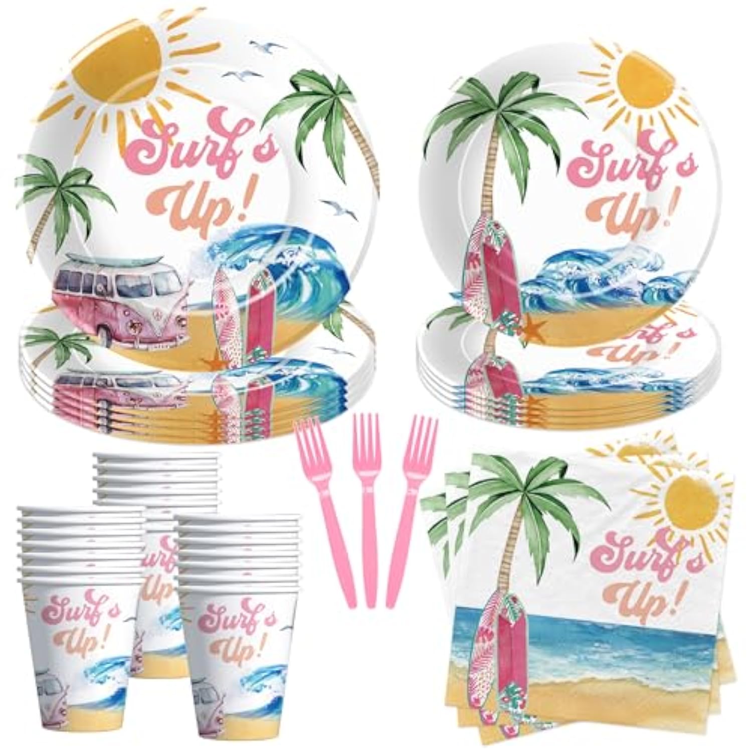 Surfs Up Birthday Plates And Napkin Party Decorations Tableware Girls - Pink Surf Party Supplies, Plate, Cup, Napkin, Fork, Summer Hawaiian Beach Wave Surfing Birthday Decorations | Serve 24