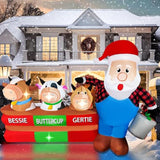 Christmas Inflatables 7Ft Long Santa Claus With Cows Farm Decoration, Led Lighted Xmas Blow Up Cow For Party Indoor Outd