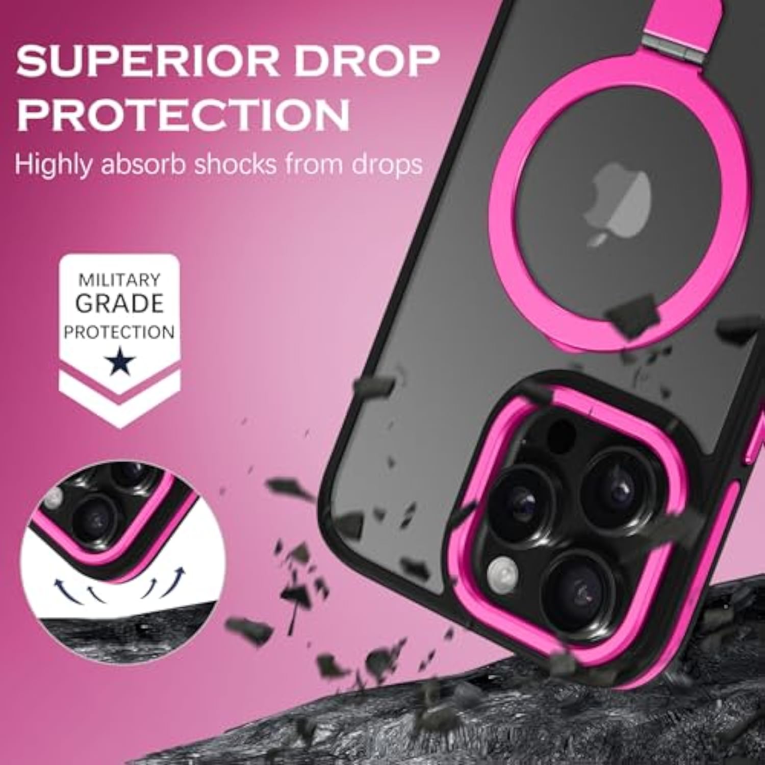 Case For Iphone 16 Pro Max, Magnetic [Compatible With Magsafe] With Ring Holder Kickstand Slim Translucent Matte Men Women Shockproof Protective Back Phone Cover 6.9 Inch, Hot Pink/Black