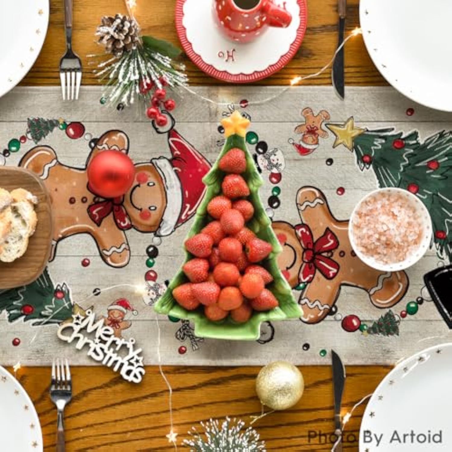 Wood Snowman Gingerbread Pine Merry Christmas Table Runner, Seasonal Winter Kitchen Dining Table Decoration For Home Party Decor 13X36 Inch