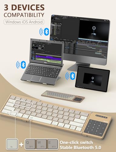 Bluetooth 5.0 Foldable Keyboard With Trackpad & Numpad, Full-Size Travel Portable Keyboard For Ipad Tablet Laptop Pc Smartphone Windows Ios Android, Triple Device Pairing, Khaki