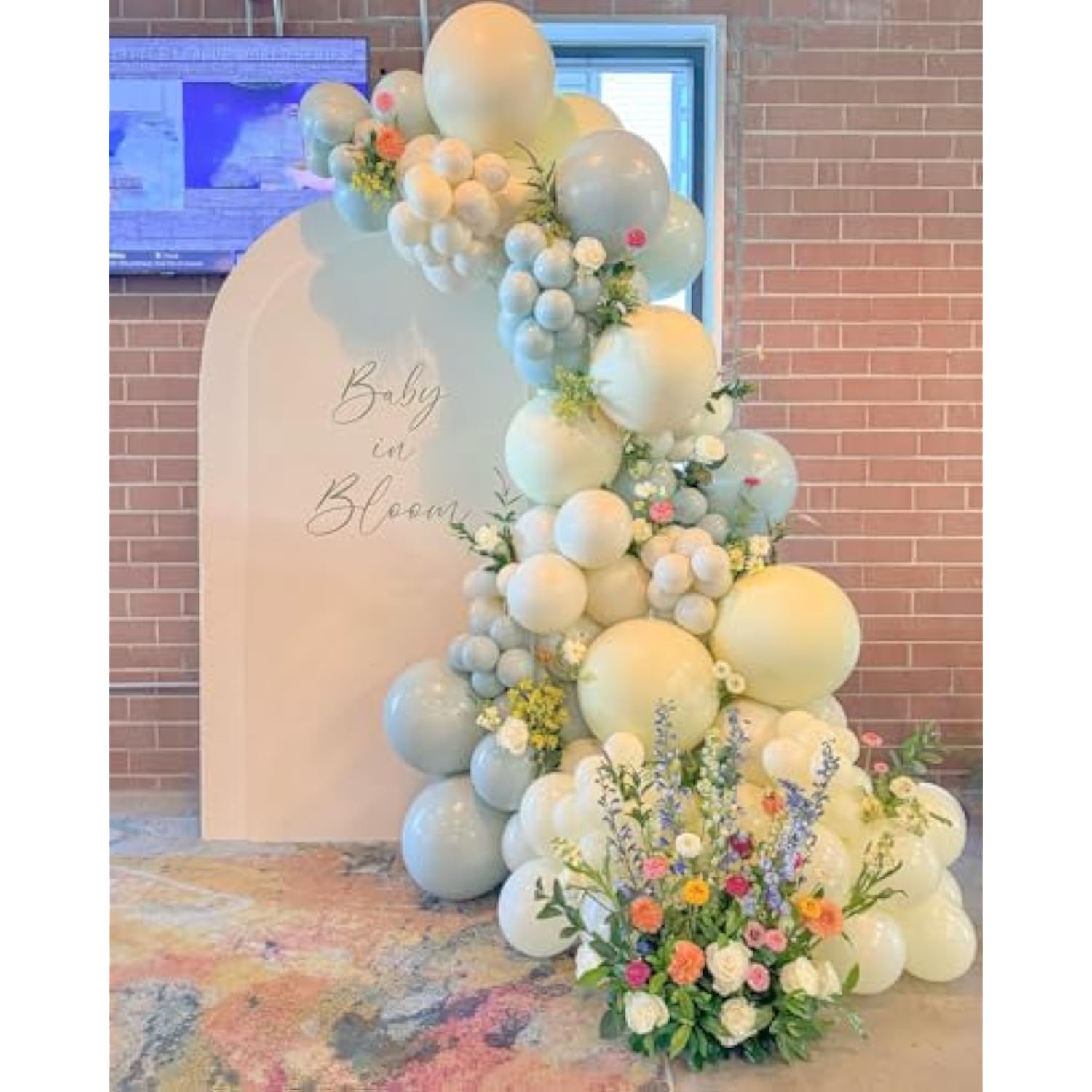 Baby In Bloom Spring Wildflowers Balloon Arch Garland Kit 136 Pieces Mist Blue, Pastel Green, Yellow Ivory & White Balloons For Fairy Flower Theme Boho Baby Shower Birthday Party Decorations