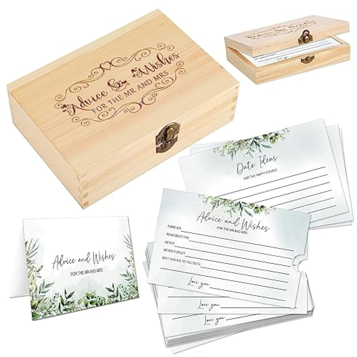 120 Pcs Advice And Wishes For The Mr And Mrs, Greenery Bridal Shower Advice Cards, Wedding Advice Cards For Bride And Groom Wood Box, Bridal Shower Games And Decorations