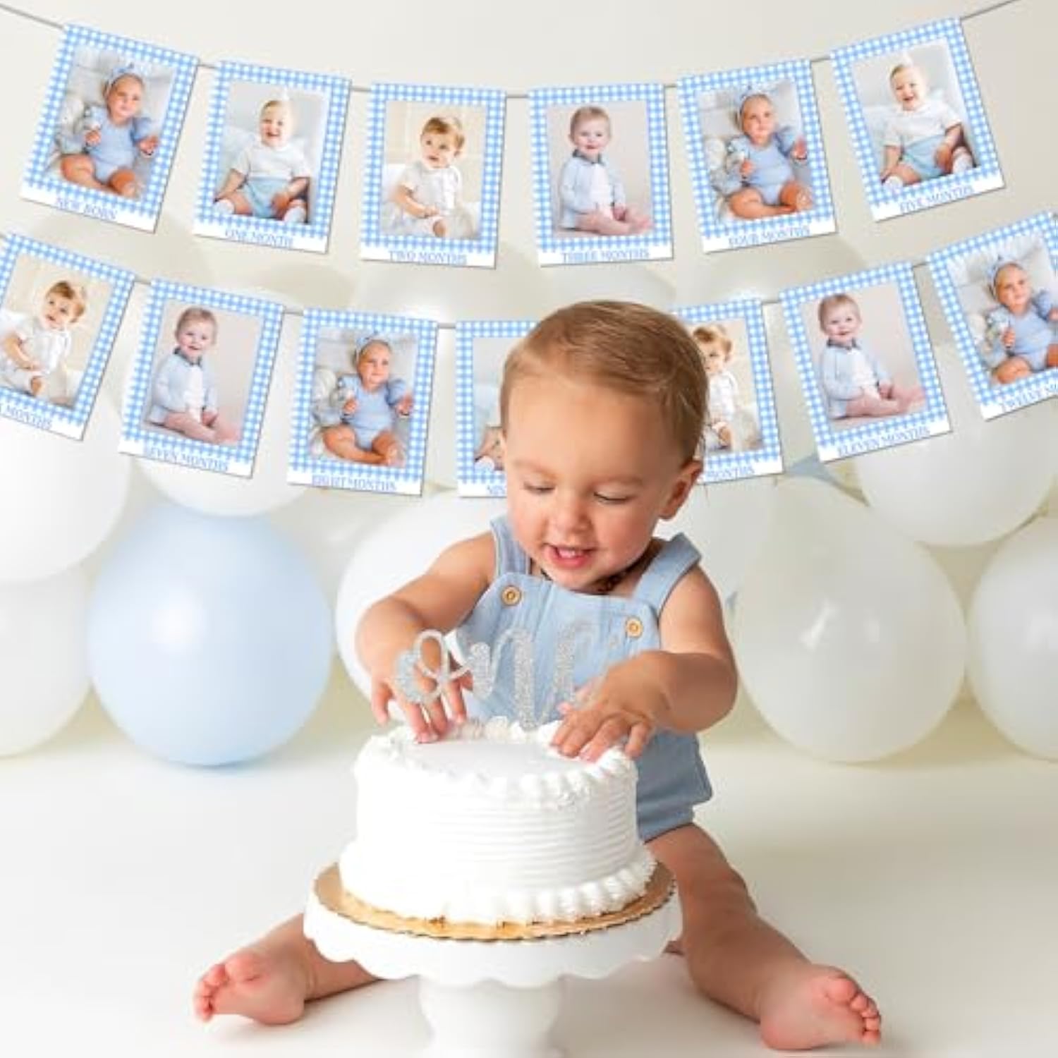 Blue Gingham Photo Banner 1St Birthday Baby Photo Banner For Newborn To 12 Months Blue Checkered Monthly Photo Cards Gingham Banner For Baby Boy 1St Birthday Party Supplies