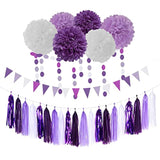 Purple White Lavender Party-Decorations Streamers - 28Pcs Tissue Pom Poms,Women Girl Birthday Supplies Tassel Garland Banner,Baby Bridal Shower Wedding Engagement Bachelorette Graduation Decor