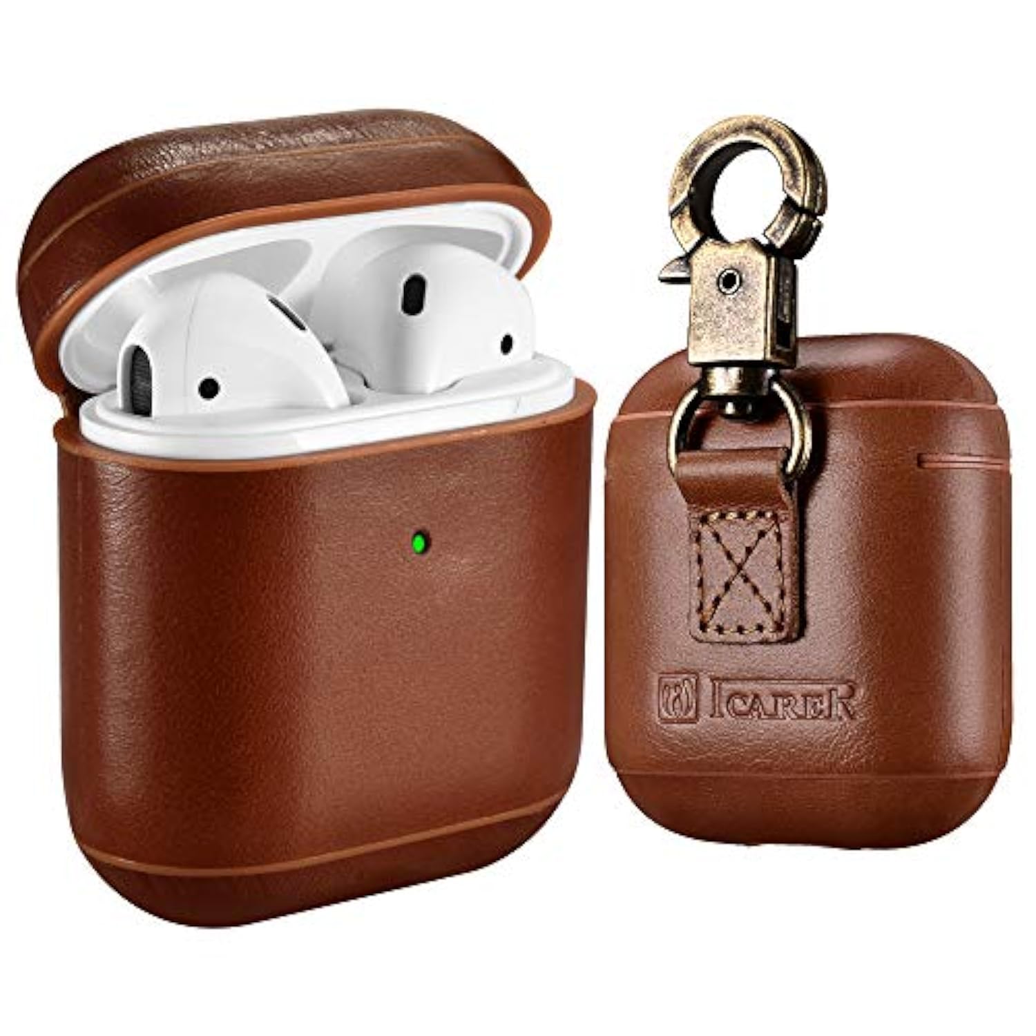 AirPods Leather Case, ICARER Genuine Leather AirPod case with Keychain and Led Light for Apple AirPods 2 Case & Airpods 1, Support Wireless Charging(Brown)