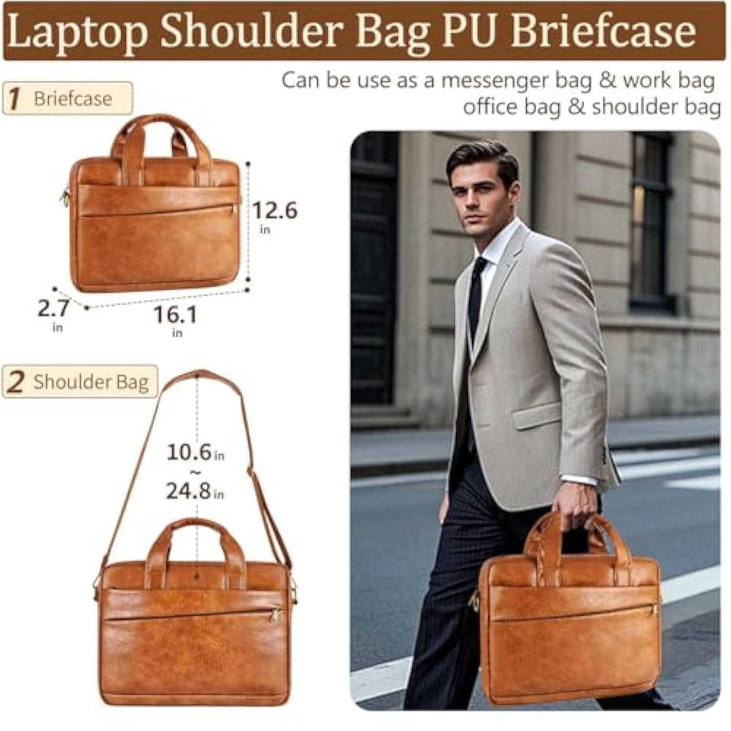 Faux Leather Messenger Bag For Men 15.6 Inch: Laptop Bag Briefcase Computer Handbags Shoulder Crossbody Bag With Padded Laptop Sleeve For Work College Travel, Pu Brown