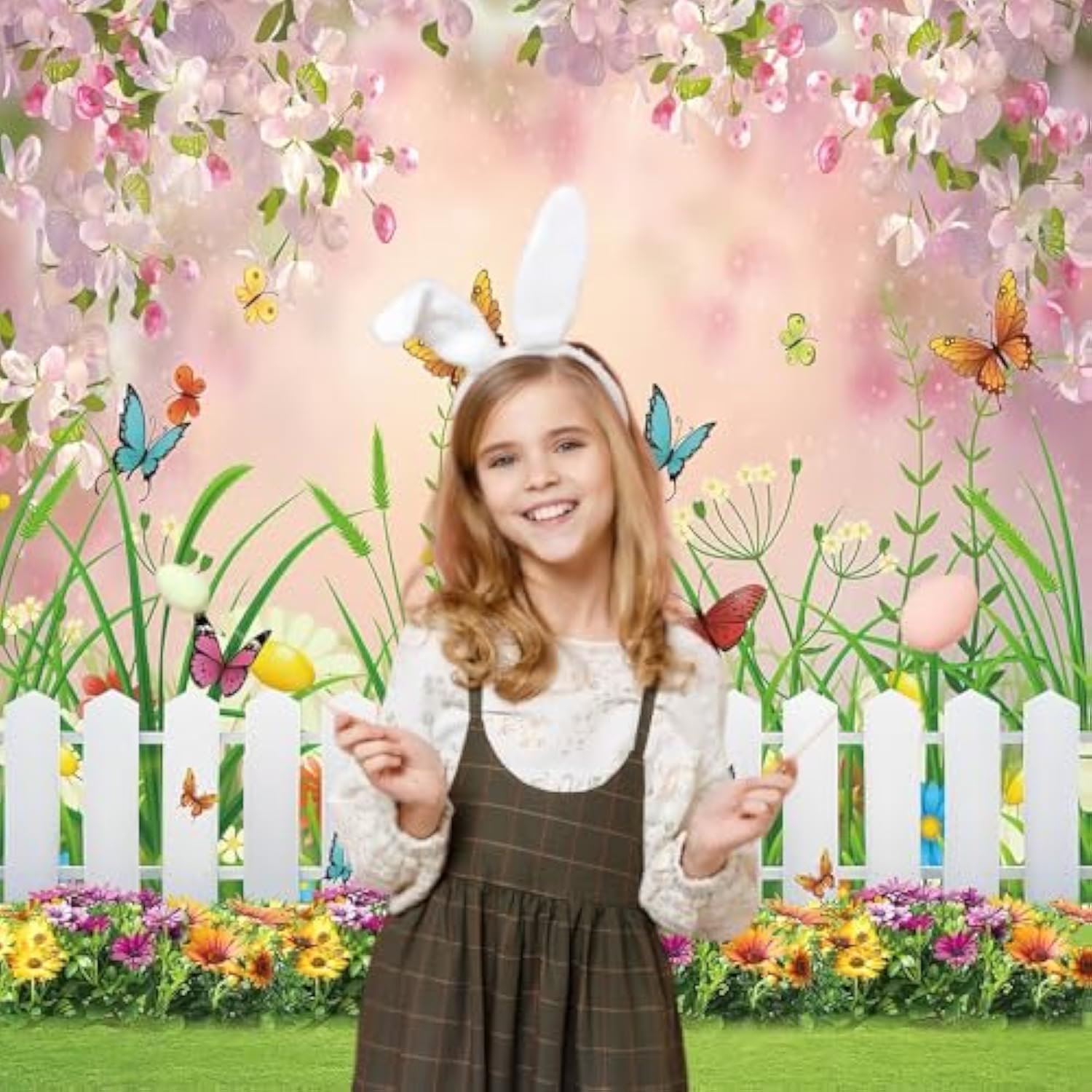 Spring Easter Garden Photography Backdrop Green Grass Lawn Floral Butterfly Fence Baby Shower Birthday Party Decorations Banner (5X7Ft)