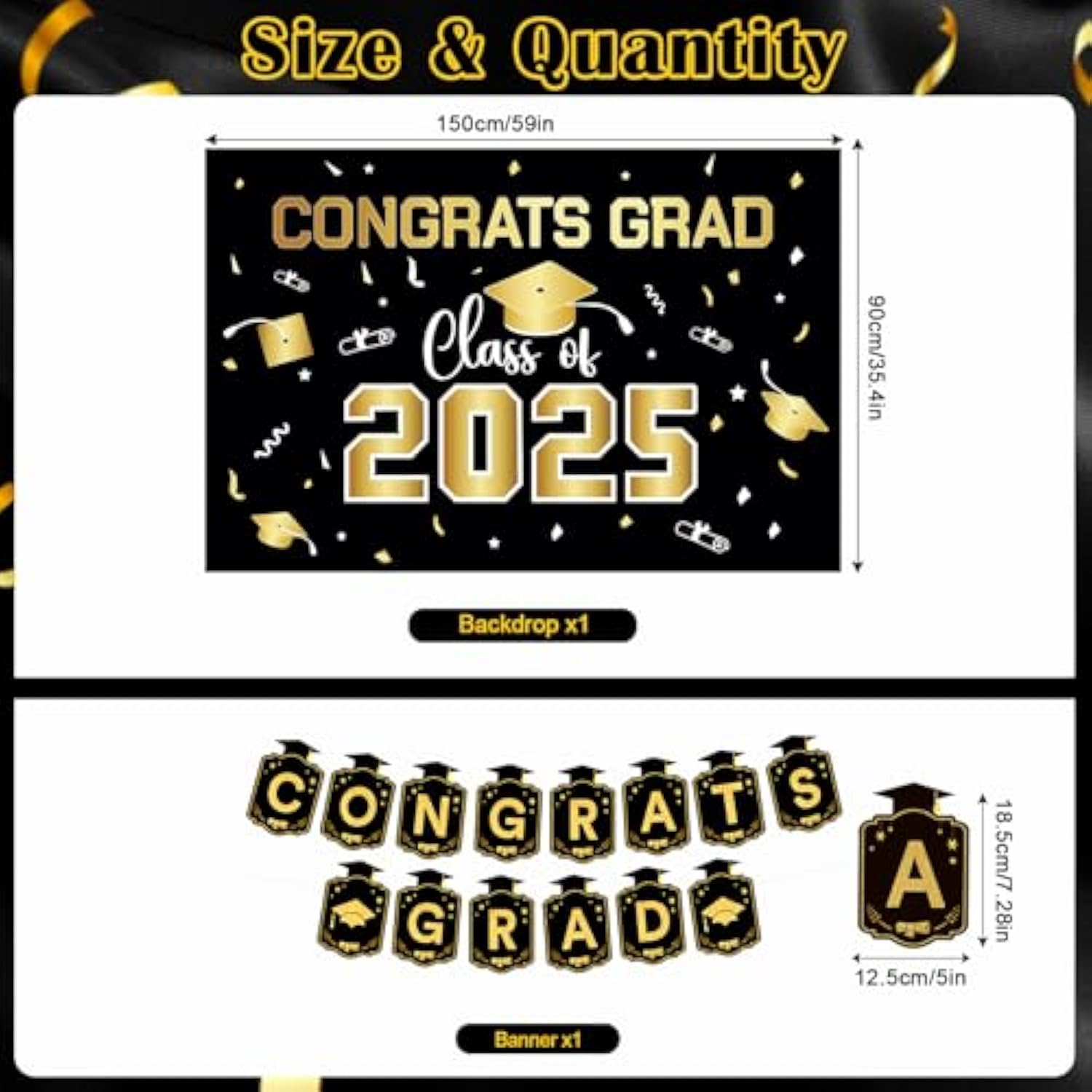 Graduation Decorations Class Of 2025 - Black And Gold Graduation Party Decorations With Congrats Grad Banner, Grad Backdrop, Porch Banner, Balloons, Centerpieces, Hanging Swirl For Grad Party