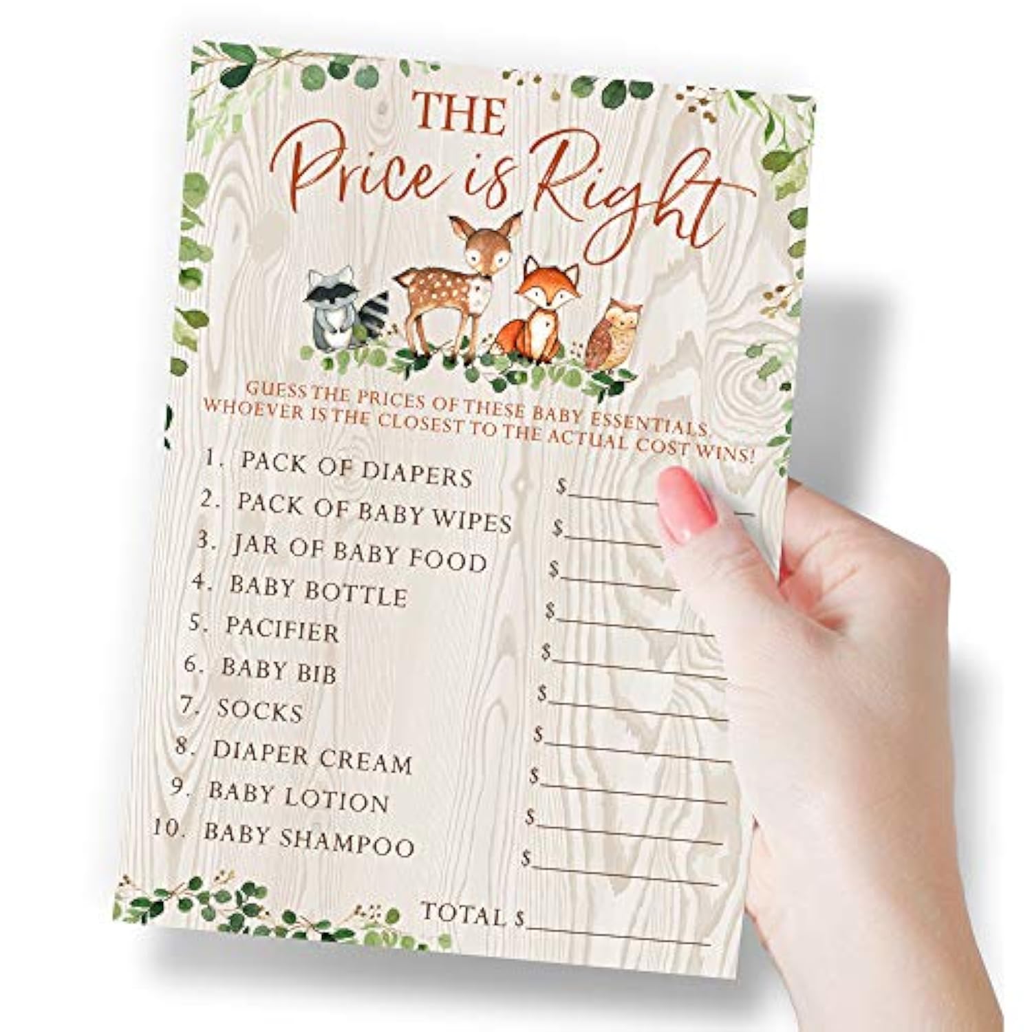 Baby Shower Games – The Price Is Right Game For Boy Or Girl, Woodland Forest Animals Theme, 50 Cards