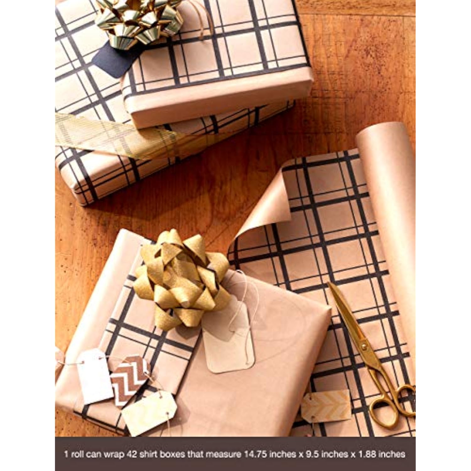 American Greetings Reversible Brown Wrapping Paper for All Occasions, Kraft Paper and Plaid (1 Jumbo Roll, 175 sq. ft.)
