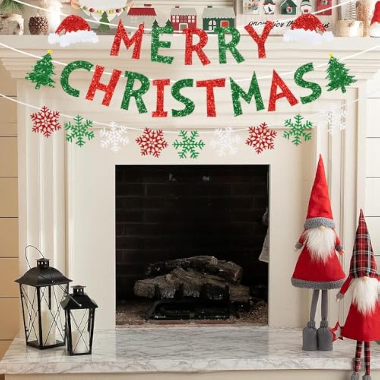 Merry Christmas Banner - Red & Green Glittery Christmas Bunting Garland With Snowflakes For Indoor Room Decoration