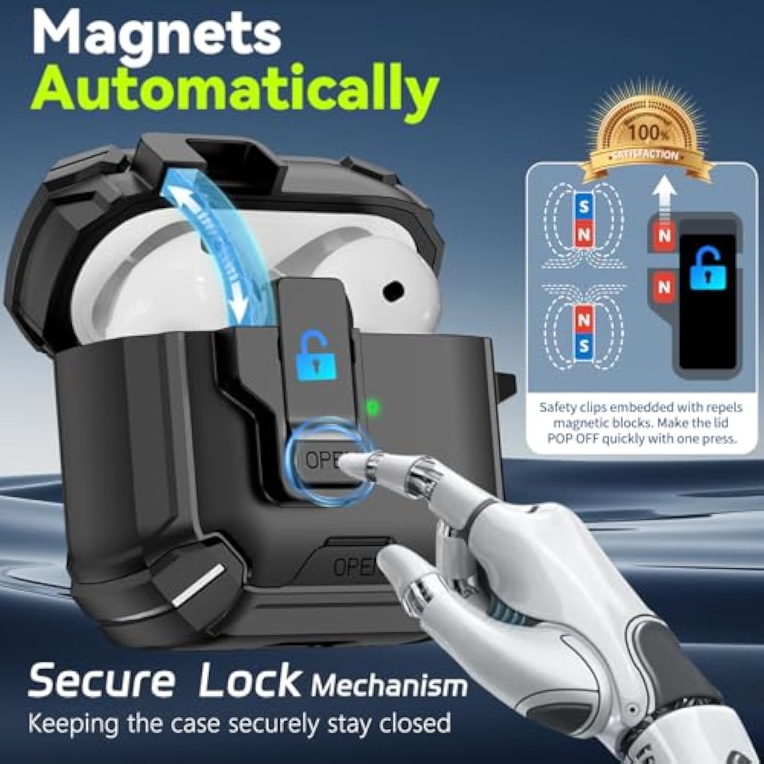 For Airpods 4 Case With Phone Stand, Secure Lock Case For Apple Airpods 4Th Gen 2024 With Cleaning Kit, Compatible With Magsafe, Auto-Open, Military Grade Protective Cover