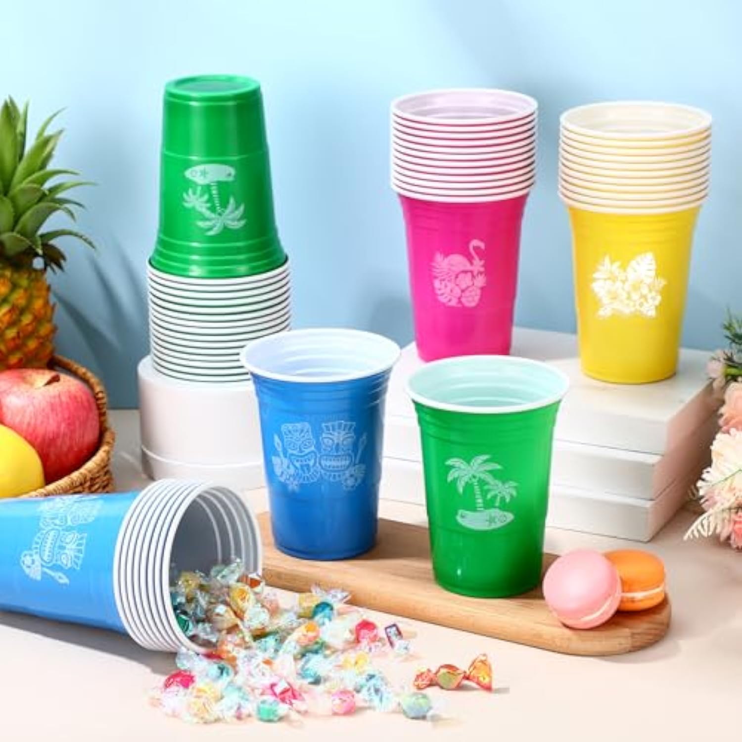 48 Pcs Hawaiian Luau Party Plastic Cups 16 Oz Summer Beach Tropical Plastic Disposable Cup Hot Cold Drink Wine Coffee For Birthday Tiki Bar Party Favors Supplies