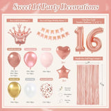 123Pcs Sweet 16 Party Decorations, 16Th Birthday Decorations For Girls With Sweet 16 Banner Balloon Number Fringe Curtain Rose Gold Pearl White Balloons For 16Th Birthday Decorations