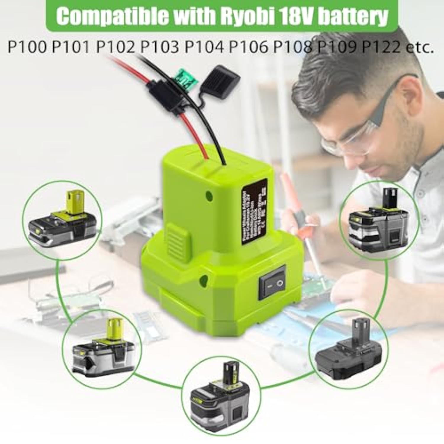 2 Pack Power Wheel Adapter For Ryobi 18V Battery Dock Battery Adapter With Fuse And Wire Terminal,14 Gauge Wire Power Convertor For Rc Car, Robotics,Diy Use