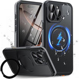 Magnetic Waterproof For Iphone 16 Pro Max Case With [Built-In Screen Protector][Invisible Stand][Fit For Magsafe][360º Full Body Sealed] Rugged Ip68 Underwater Case For Iphone 16 Pro Max-Black