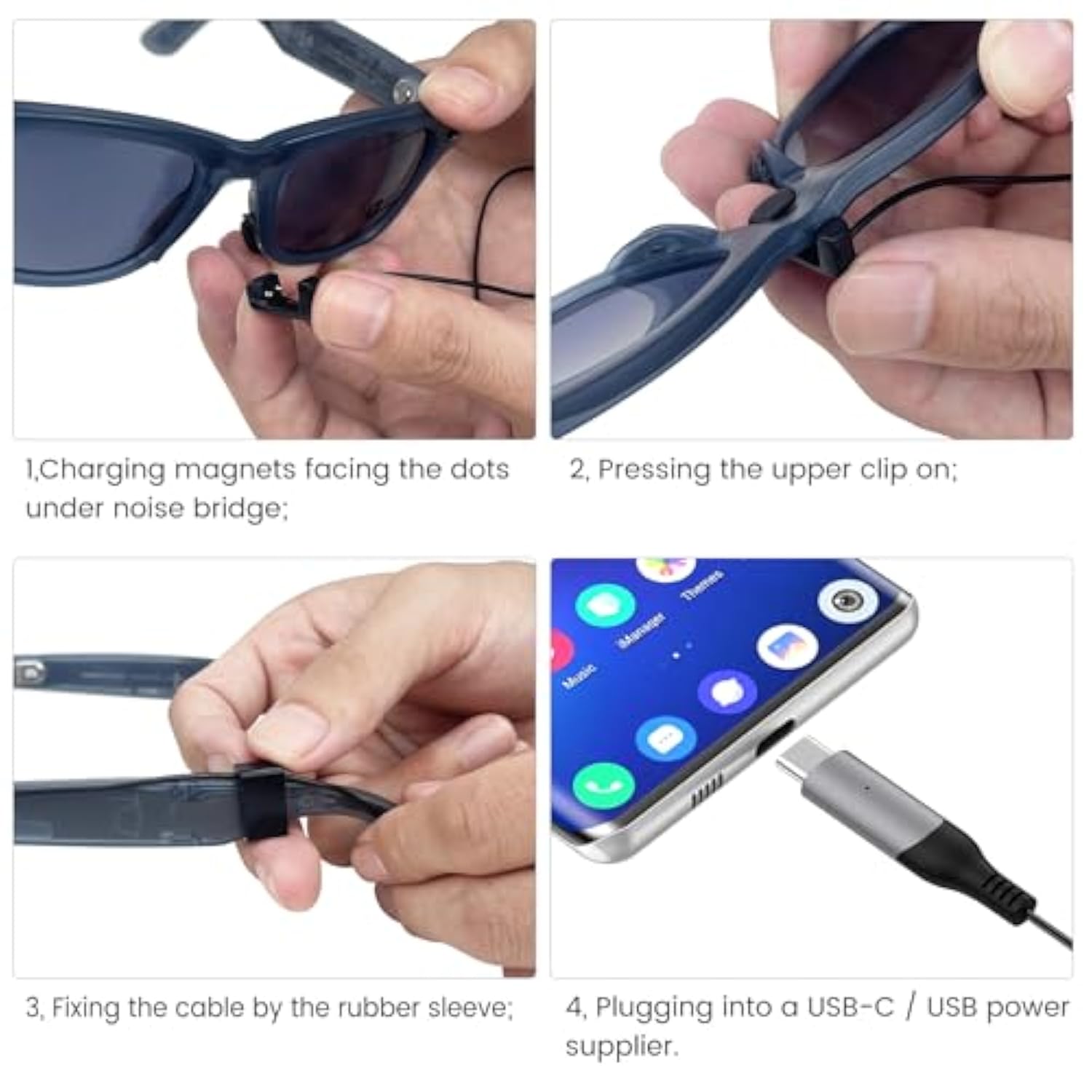 Usb-C Charger For Ray-Ban Meta Wayfarer Smart Glasses, Magnetic Cable Compatible With Rayban Skyler Sunglasses, With Led Indicator And Usb Adapter, 5Ft