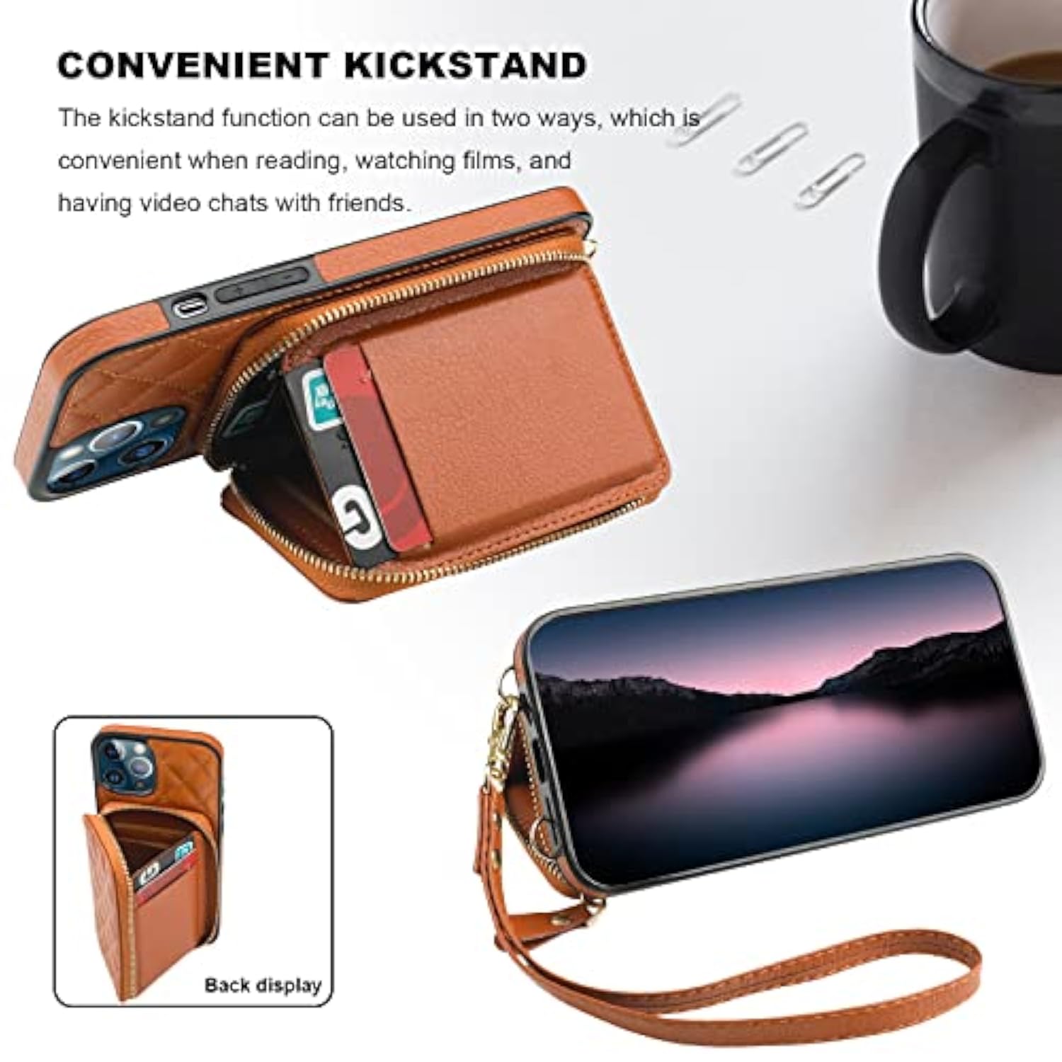 Crossbody Wallet Case For 13 Pro Max, Rfid Blocking Pu Leather Zipper Handbag Purse Flip Cover, Kickstand Folio Case With Card Slots Holder Wrist Strap Lanyard 5G 6.7 Inch (Brown)