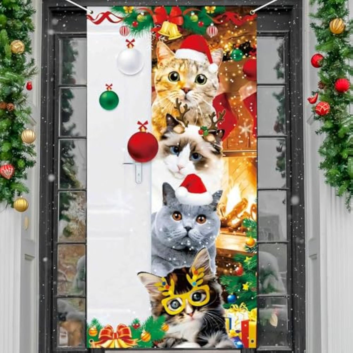 Christmas Door Cover Cute Santa Cat Front Door Covers Decoration 71X36 Inch, Merry Christmas Banner For Holiday Parties, Winter Xmas Decor, Festive Backdrop For Home & Office