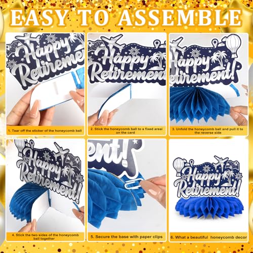 9 Pcs Retirement Party Decorations Honeycomb Centerpieces, Blue Silver Happy Retirement Table Decorations, Funny Officially Retired Table Toppers for Men Women Party Supplies