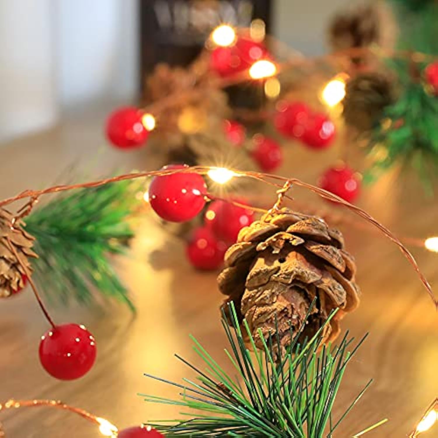 20 Led Christmas Pinecone Lights,7 Ft Pinecone Red Berry Bell Christmas Garland With Lights Battery Operated Christmas D