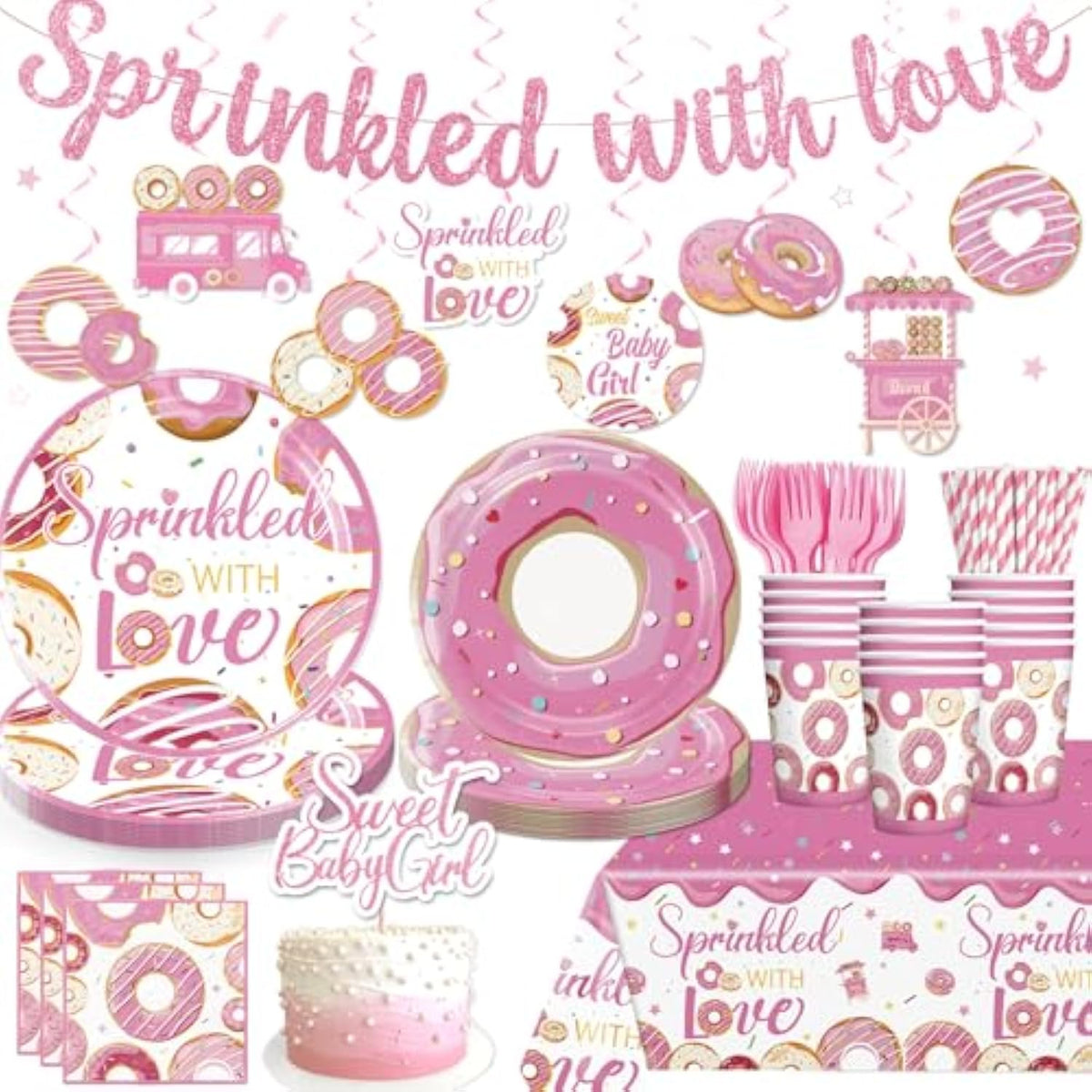 140Pcs Baby Sprinkle Decorations For Girl, Disposable Paper Tableware Includes Pre-Threaded Banner 40 Plates 2 Tablecloths, 20-Pack Tableware Suitable For Sprinkled With Love Baby Shower
