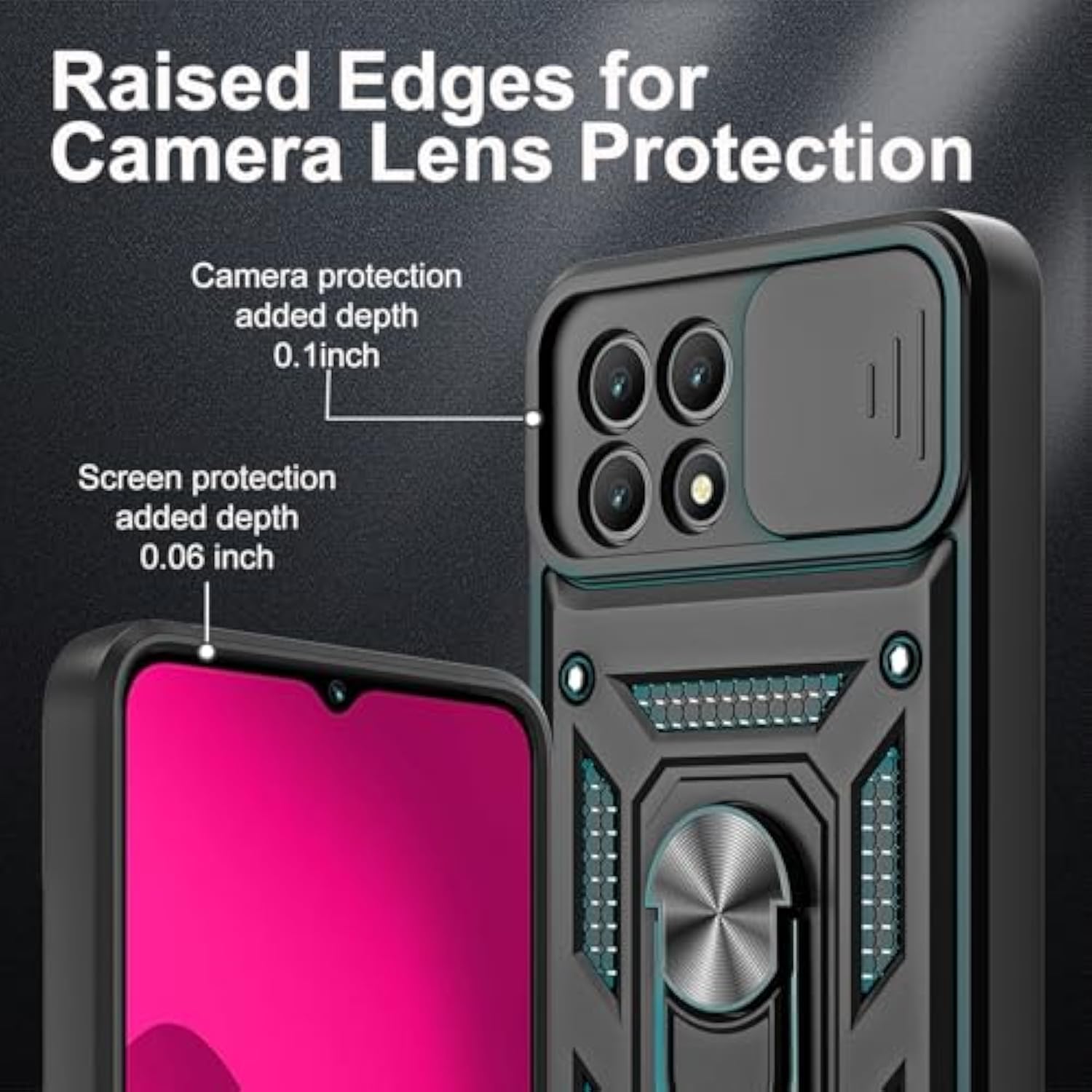 For Revvl 7 5G With Slide Camera Cover, 2 Tempered Glass Screen Protectors, 360 Ring Kickstand [Military Grade] Case (Black)