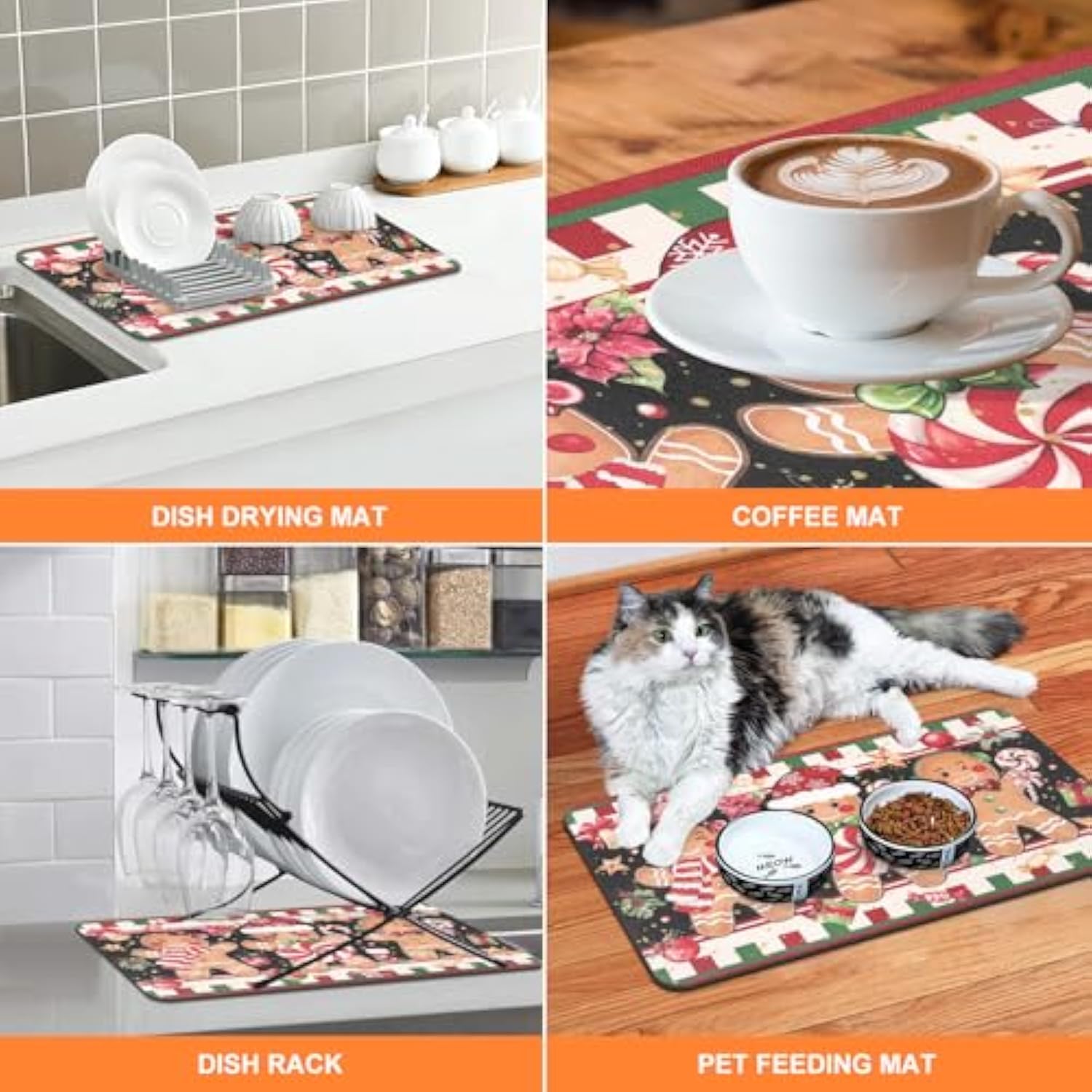 Christmas Dish Drying Mat For Kitchen Counter, 12"X20" Absorbent Gingerbread Drying Mat With Candy Cane, Christmas Holiday Dish Rack Mat For Kitchen Counter Coffee Maker Dining Room Decoration