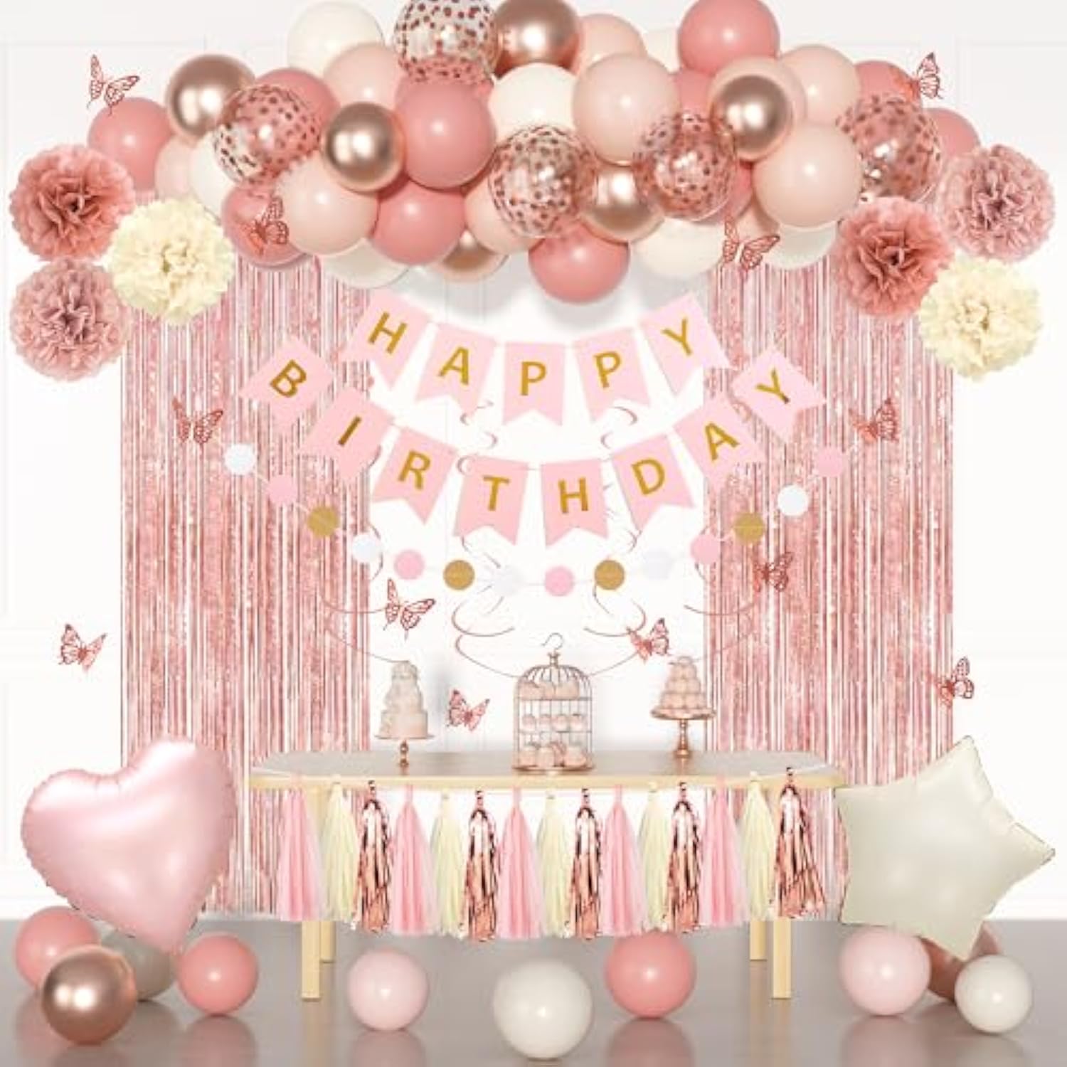 Pink Birthday Party Decorations, Dusty Pink Sand Confetti Rose Gold Balloons Happy Birthday Banner Fringe Curtains Butterfly Hanging Swirls Circle Dots Tassels Pompoms For Women Girls Party Supplies