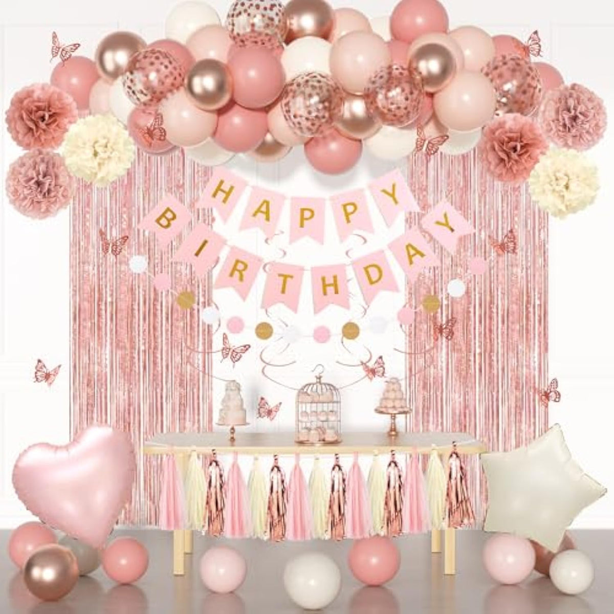 78pcs Pink Birthday Decorations with Balloons, Banner, Fringe Curtain & Butterfly Decor